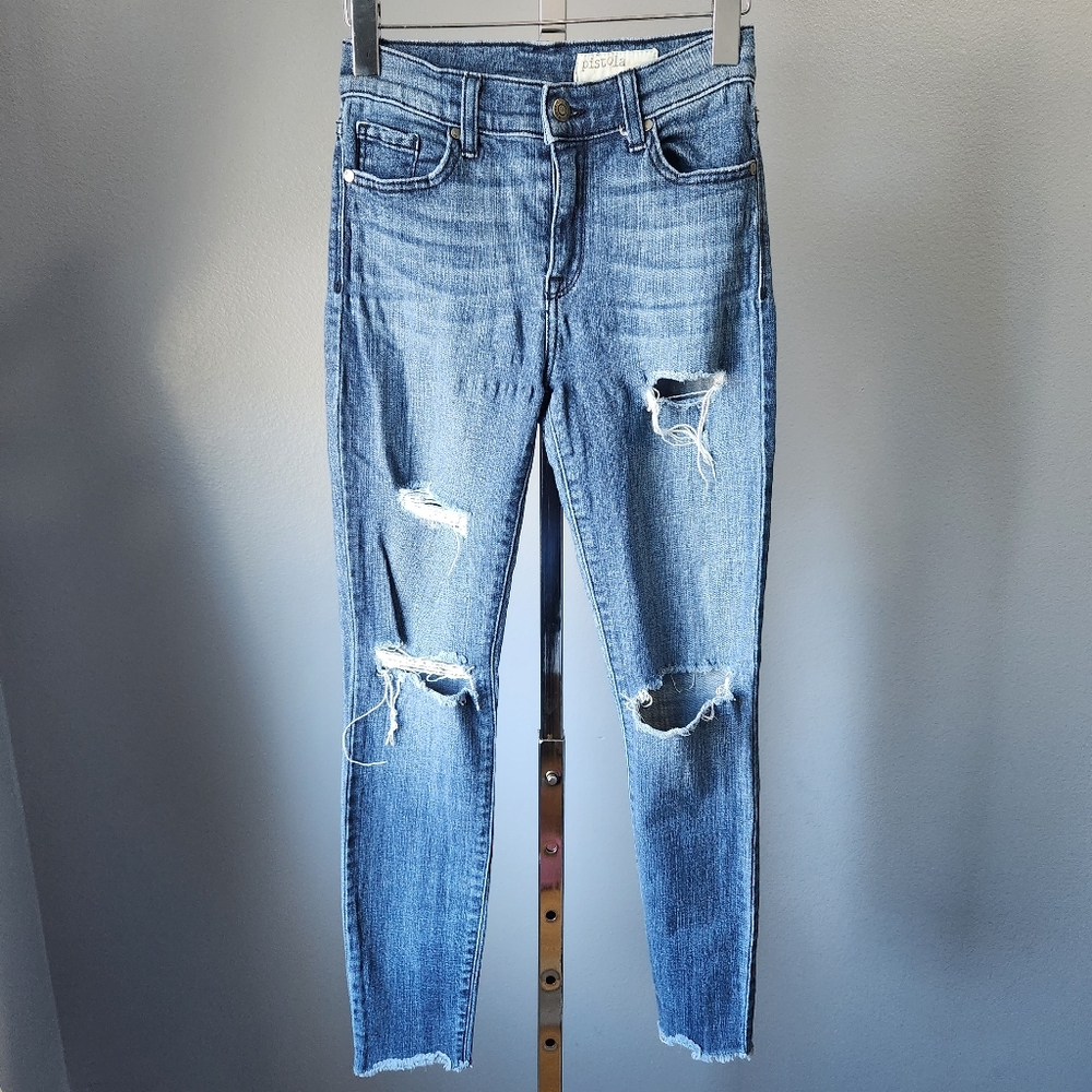 Pistola High Rise Distressed Light Wash Blue Denim Stretch Skinny Jeans Women 25